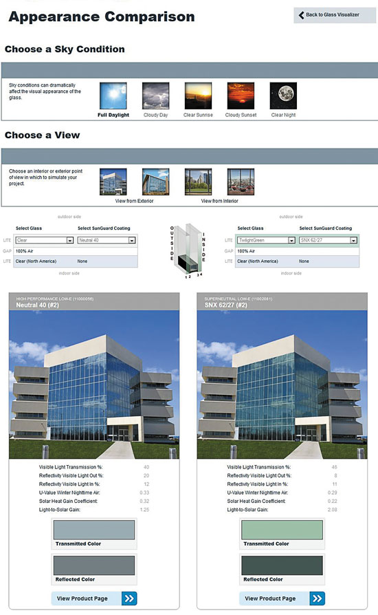 Online tools from glass manufacturers allow architects to review, select, and envision different choices in available glazing products.  