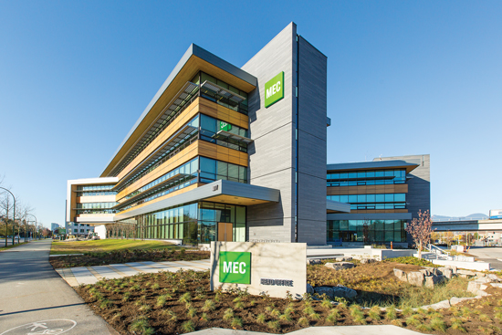 Headquarters for outdoor retailer Mountain Equipment Co-Op, by architect Hugh Cochlin with Proscenium Architecture + Interiors, uses fir and glued-laminated timber columns and beams with nail-laminated timber floor decks. 