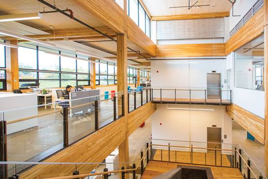 For the Mountain Equipment Co-Op office building, next-generation lumber and mass timber products contribute considerably to reducing carbon emissions associated with the built environment. 