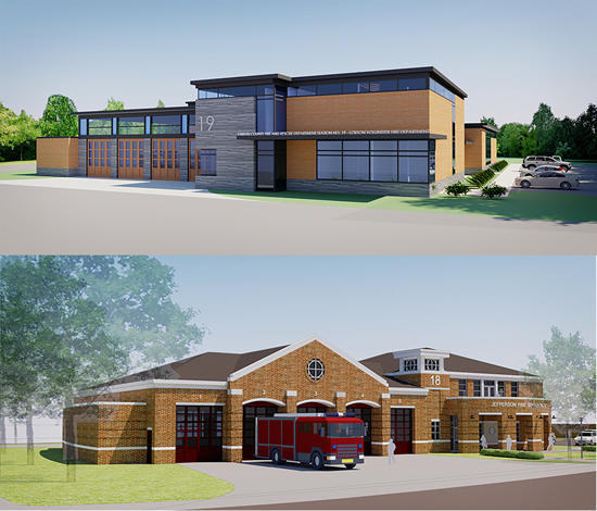 Lorton Volunteer Fire Station (top) designed by Lemay Erickson Willcox Architects, Reston, VA, and Jefferson Fire Station (bottom) designed by Hughes Group Architects, Sterling, VA, all in collaboration with Brinjac Engineering using performance-based design. 