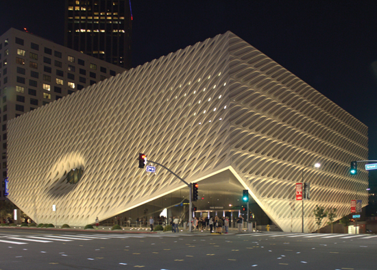 The Broad Museum’s new wedding veil facade is comprised of more than 2,500 unique pieces of glass fiber reinforced concrete. This project showcases the aesthetic versatility, precision, forming, light, and sculpting ability of high-performance precast. The enclosure is designed to allow sunlight to enter the building, but without the light directly striking any of the art work inside.