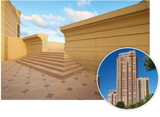 Precast concrete was used as the enclosure system for this high-end, 
high-rise, residential building in Chicago. The architect made extensive 
use of detailed formwork to create extensive balconies, decorative features, 
detailed cornices, and more. A medium sand-blast finish was used with three different mix designs, resulting in different colors for each of the three towers.
