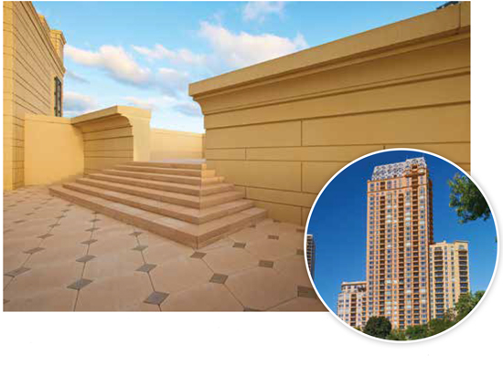 Precast concrete was used as the enclosure system for this high-end, 
high-rise, residential building in Chicago. The architect made extensive 
use of detailed formwork to create extensive balconies, decorative features, 
detailed cornices, and more. A medium sand-blast finish was used with three different mix designs, resulting in different colors for each of the three towers.
