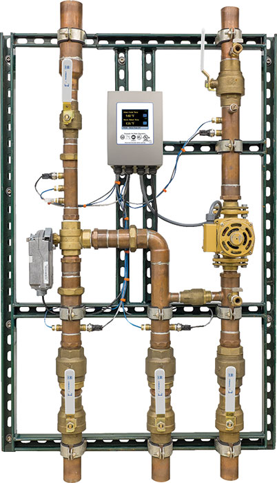 A digital mixing and recirculation station simplifies the regulation and metering of hot water.