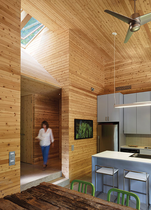 Some architects are using knotty grades of Western Red Cedar and employing the wood species both indoors and outdoors, as at the Stealth Cabin project near Bracebridge, Ontario, by Toronto-based firm superkül.