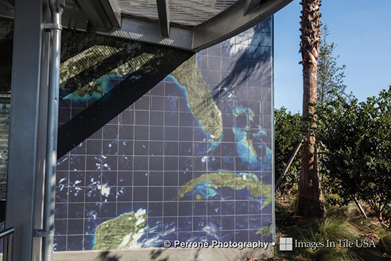 Ceramic tile has been used to bring some cultural benefits to sustainable design projects, as at this NASA facility with its digitally printed facade of ceramic tile showing a fade-resistant image of earth taken from the International Space Station.