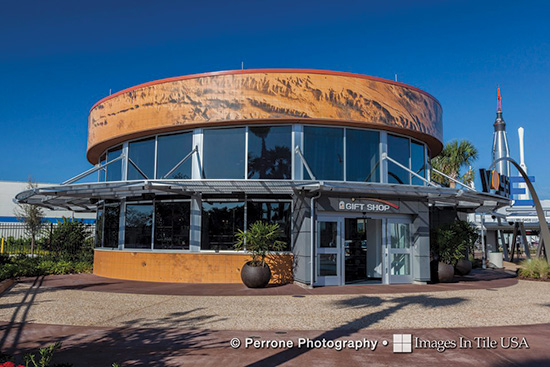 Ceramic tile has been used to bring some cultural benefits to sustainable design projects, as at this NASA facility with its digitally printed facade of ceramic tile showing a fade-resistant image of earth taken from the International Space Station.