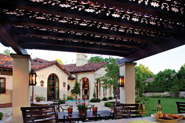 This raw copper architectural panel was designed to blend with the Spanish-style architecture and filter sunlight for an outdoor dining area.