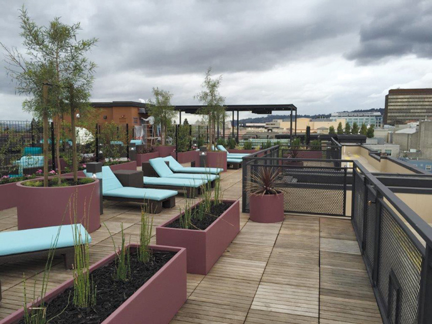  Outdoor spaces become amenities when both the horizontal surfaces and the vertical surfaces are designed using decks, planters, furnishings, green walls, or green roofs.