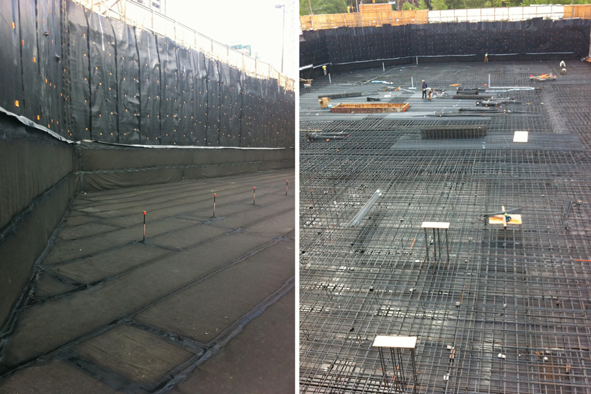 Two photos of waterproofing under construction.