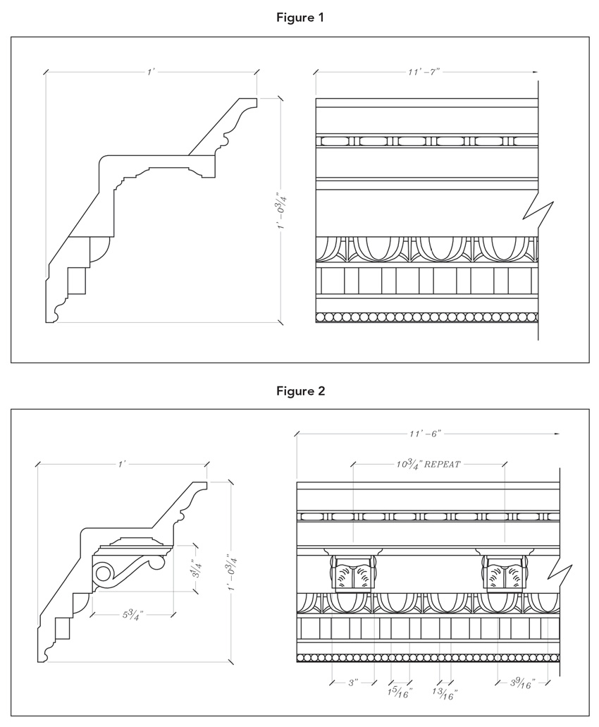 Figure 1 shows drawings for building up a fabricated molding out of three pieces. The identical profile is shown in one molded piece in Figure 2, an indication of the savings possible—in installation time and cost, and in avoiding problems that often start at seams and joined pieces.