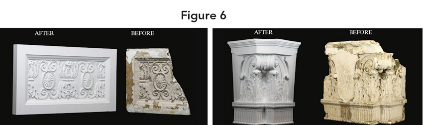 Two images, each containing a before and after picture of repaired moldings.