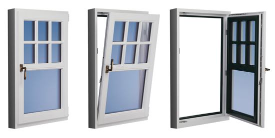  Tilt and turn windows allow for an innovative operation as shown in these photos: (left) in the closed and locked position, (middle) in the tilted inward position with the bottom hinges engaged, and (right) in the fully open position with the sash turned inward engaging the side hinges. 