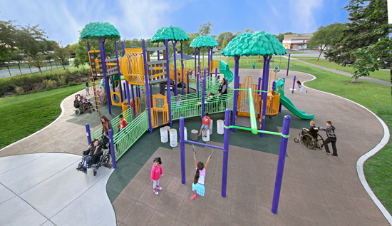  This playground provides fun outdoor activity for all children no matter their physical or sensory abilities. The playground provides shade for hot days and places for children to sit when needed within the play environment.