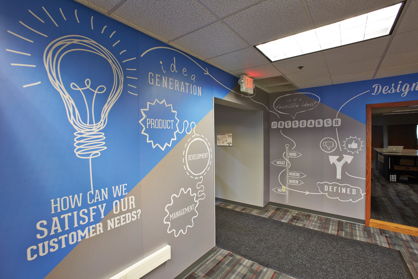 Photo of an interior with customized graphics on the walls.