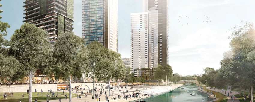Rendering of a river front with tall buildings.