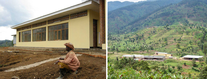 Left: Photo of a man seated outside a house. Right: Photo of a landscape with houses.