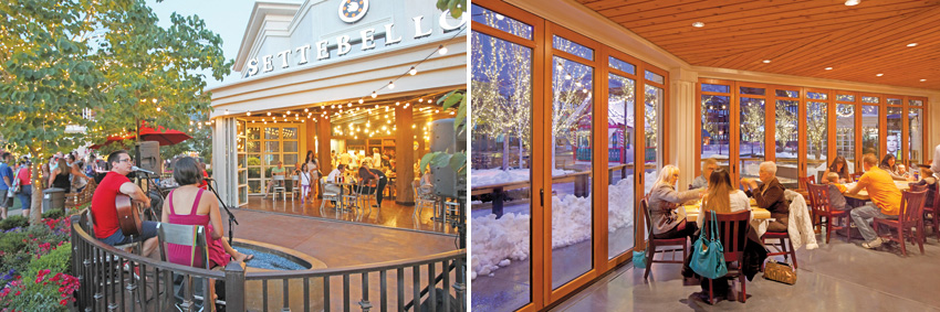 Opening glass walls can be used in hospitality, retail, or restaurant settings to either open an indoor space up completely to an outdoor area (left) or be closed to seal off the exterior of the building when the weather is not favorable (right). 