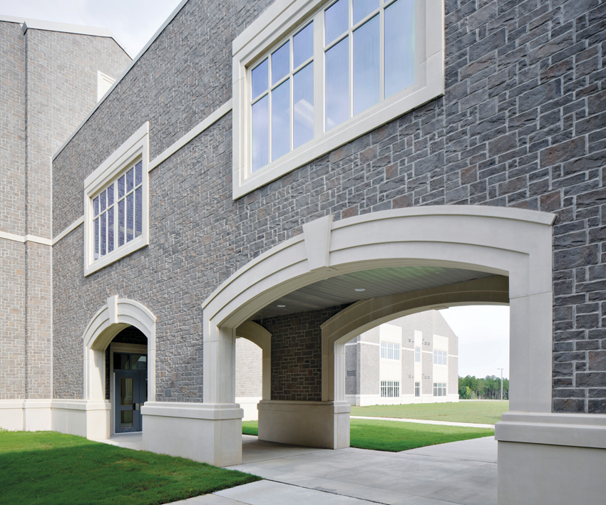 Masonry veneer was chosen for its look of natural stone without the high cost. 