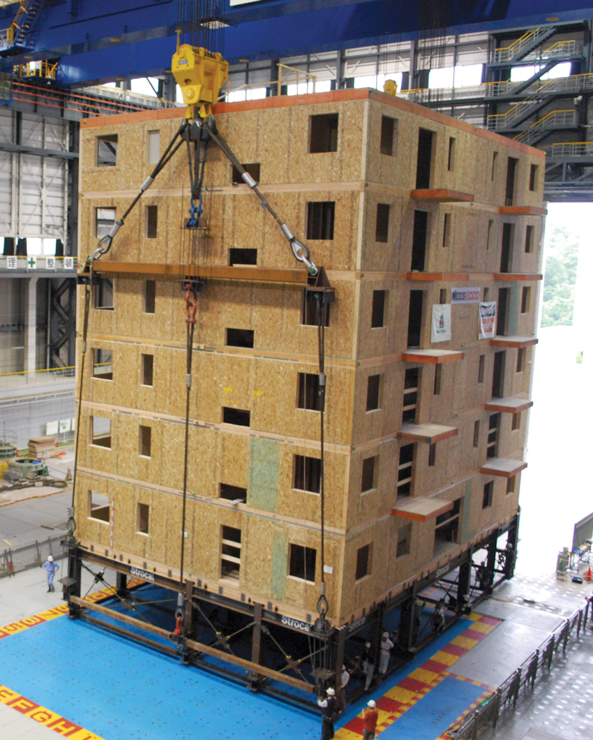 Subjected to three earthquakes on the world’s largest shake table in Miki, Japan, this full-scale wood-frame apartment building performed excellently with little damage.