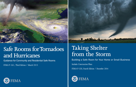 FEMA Publications P-361 and P-320 provide detailed requirements for safe rooms and shelters to withstand tornadoes, hurricanes, and flooding—some more stringent than the ICC-500 code.