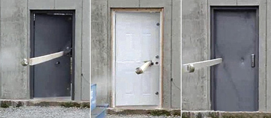  Impact test results on safe room doors show failure at the latch/lock (left), failure by full penetration (center), and a passing condition that withstood both penetration and latch/lock failure (right).