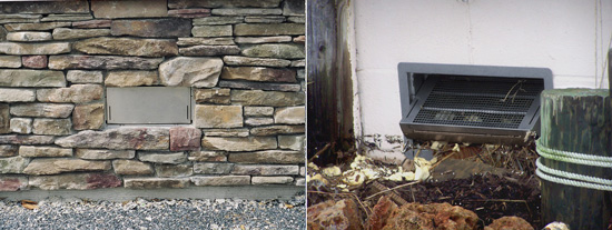  Insulated flood vents, when not activated, can blend into construction of a perimeter wall (left). Shown on the right, a dual-function flood vent, activated in the open position during a flood event, allows water and debris to flow freely into or out of the enclosed space.