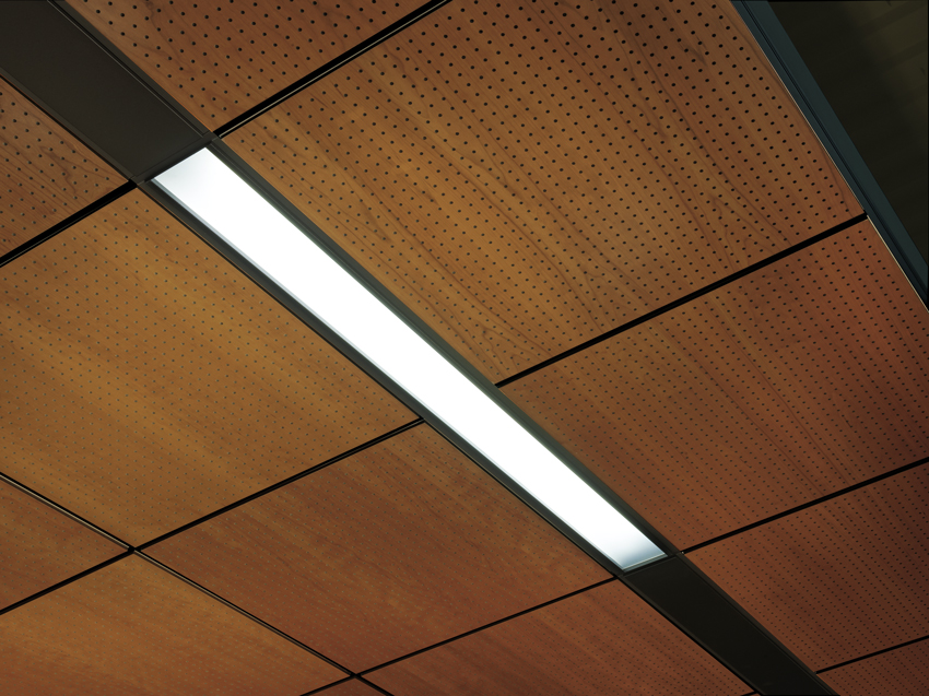 Technical zone lighting: effectively integrate all technical services for an organized, simplified, monolithic ceiling visual, including lighting, diffusers, and sprinklers in metal, wood, and acoustical ceilings.
