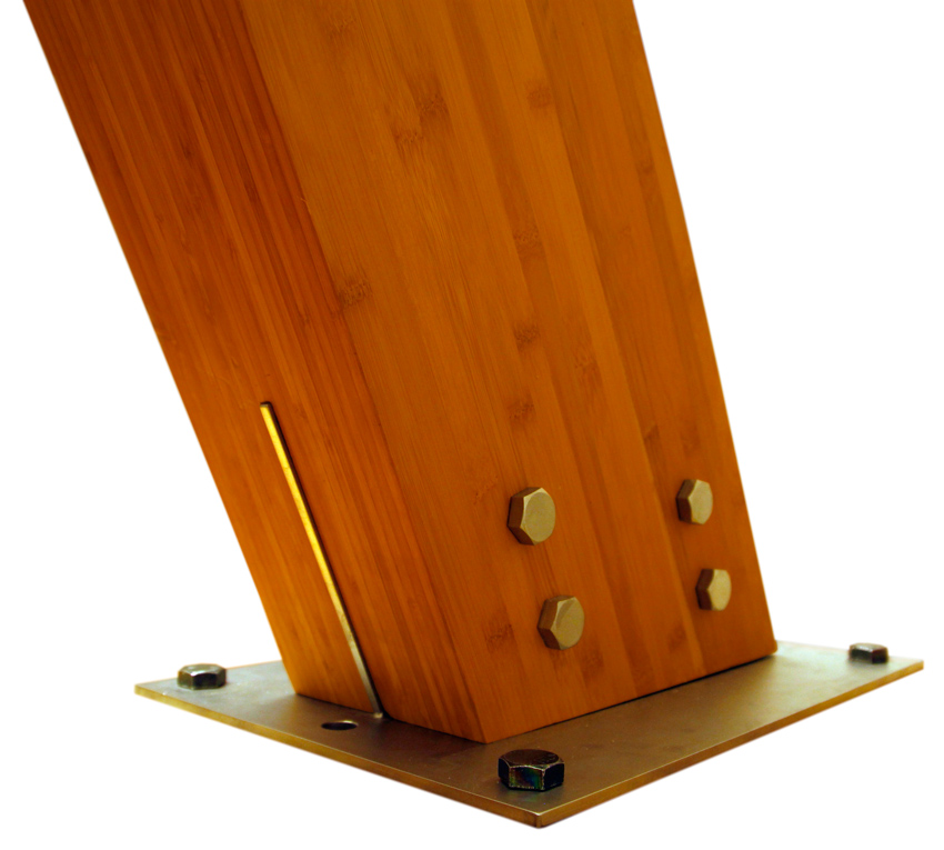 Engineered glulam beam made of laminated veneer bamboo (LVB) incorporating stainless steel plating and hardware .