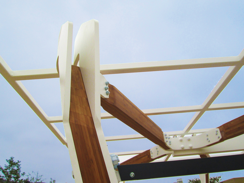 Structural bamboo products (SBPs) custom fabricated and used in conjunction with powder coated steel and dipped hardware