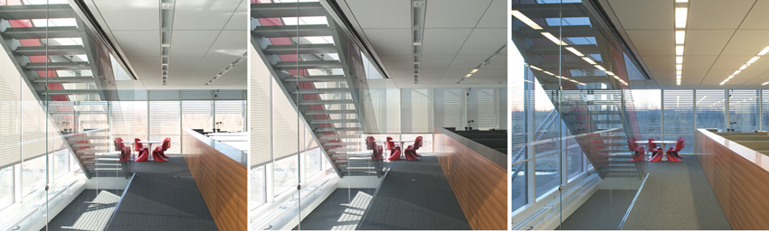 The shades at The New York Times Building are programmed to transition throughout the day to manage glare and mitigate solar heat gain, as the position of the sun changes, and maximize the presence of daylight and a connection with the outdoors. Shades shown here at 2:40 p.m., 3:20 p.m., and 5:45 p.m.
