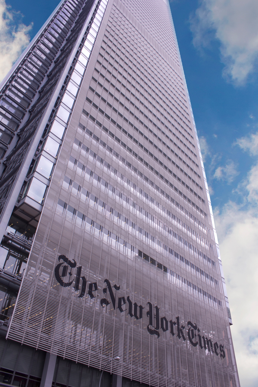 The headquarters of The New York Times Corporation uses an automated shading system to manage glare and prevent solar heat gain from penetrating the ultra-clear, low-iron glass facade. 
