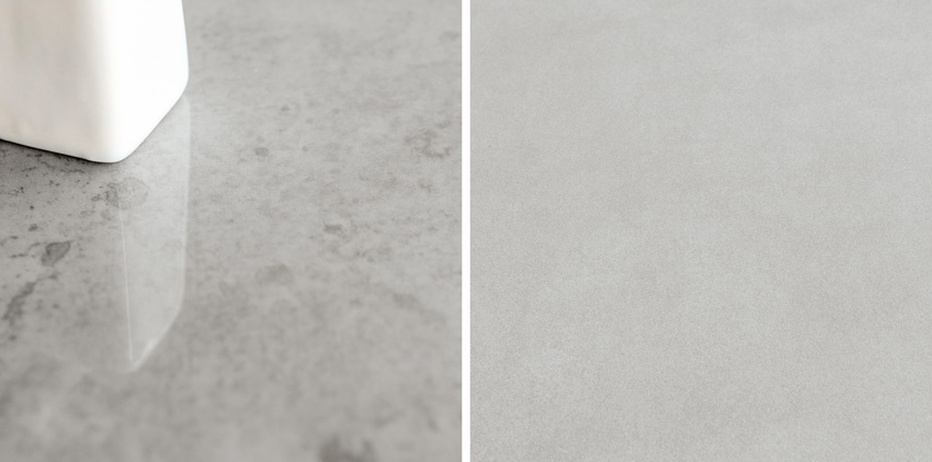 Specifying sintered compact surfaces includes selecting the type of finish on the surface, such as glossy (shown on left) or satin (shown on right).