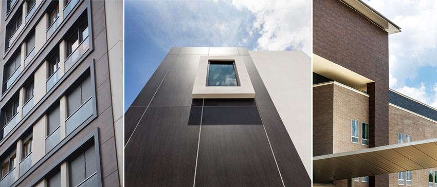 Sintered compact surfaces used on facades are available in a variety of colors, patterns, textures, and appearances. 