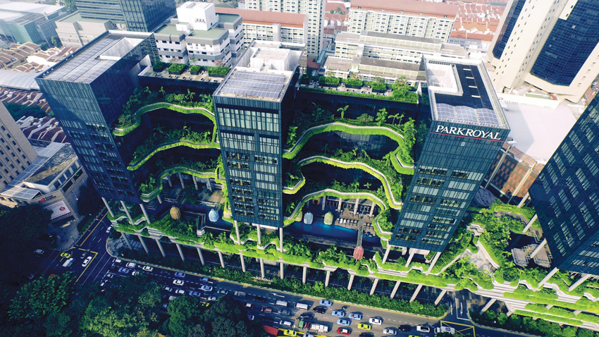 The facade of WOHA’s Park Royal on Pickering hotel in Singapore.