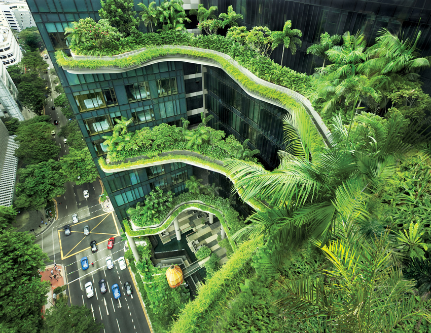 The facade of WOHA’s Park Royal on Pickering hotel in Singapore.