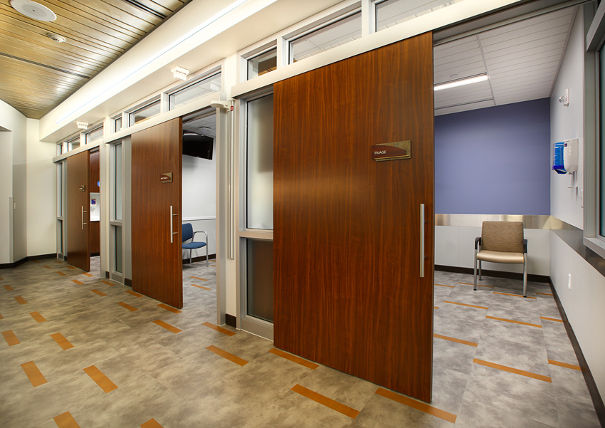 Photo of a hospital interior with sliding doors.