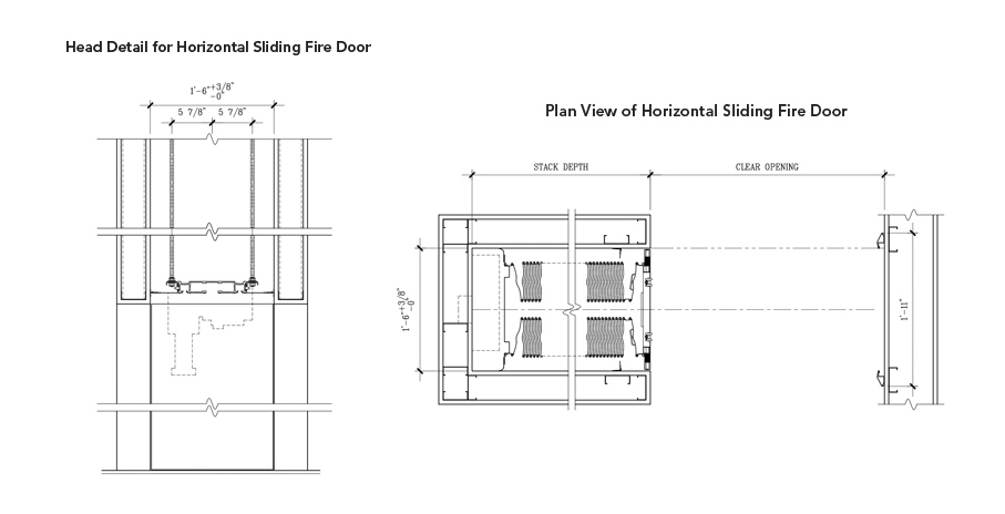 Drawing of header and pocket details for single-parting door with integrated pocket cover door compressed stack panels.