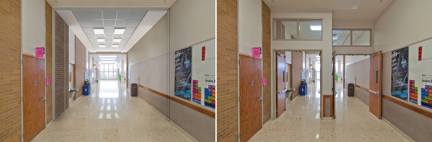 Left: Clear hallway. Right: Photo of a hallway without a wall and swinging doors.