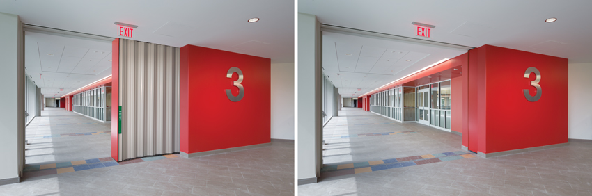 Photos of horizontal sliding fire doors with an integrated pocket cover door and compressed stack panels.