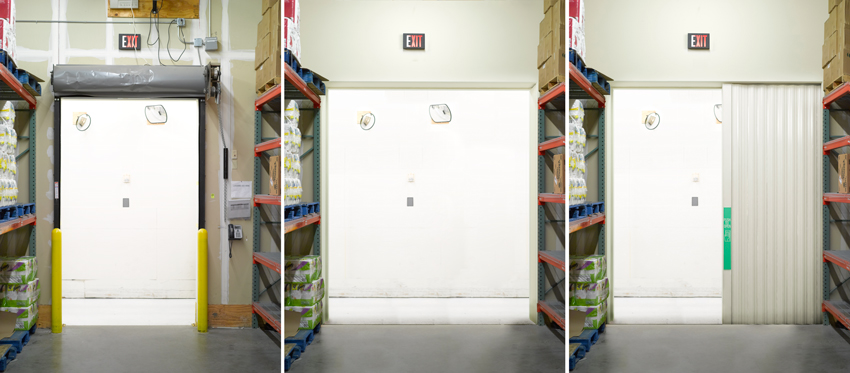 Photos of horizontal sliding doors in a stockroom.