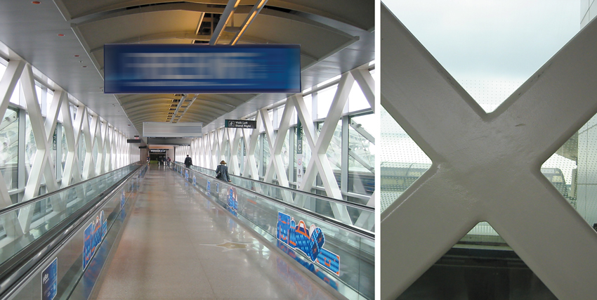 A series of intersecting hollow steel sections are visible along the pedestrian bridge (left) at Boston Logan International Airport. A close-up view (right) slightly shows the weld seams, which have been ground out consistently at each architecturally exposed member and coated with intumescent paint.