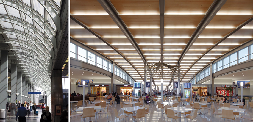 Daylight penetrates through the interior of both the United Airlines Terminal at O’Hare International Airport in Chicago (left) and the Sacramento International Airport, Central Terminal and Concourse B Expansion (right).