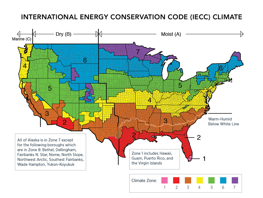 Map of the USA showing climate zones according to the International Energy Conservation Code.