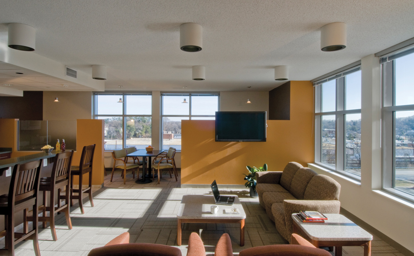 Photo of the dining area and lounge at Opus Hall, Catholic University of America.