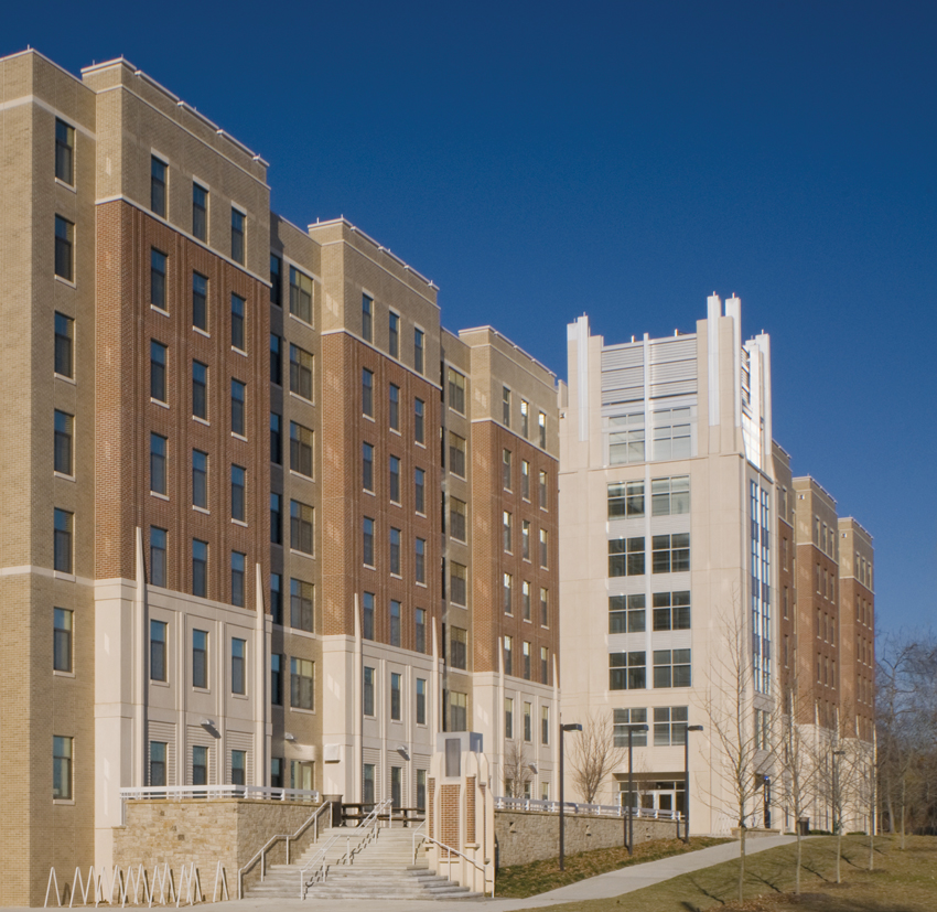Pictured is the tower facade of Opus Hall at Catholic University of America.