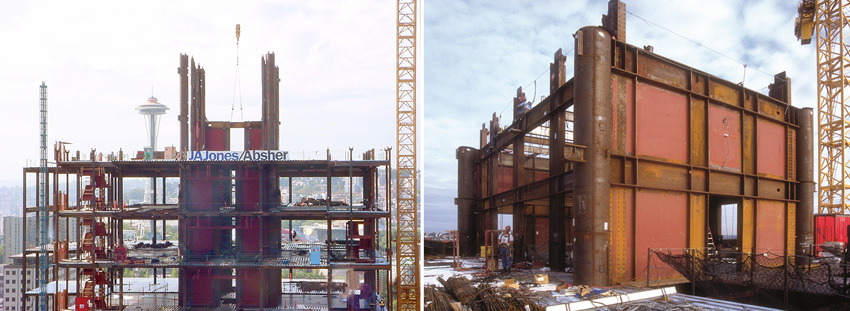 The floors and steel plate shear walls are seen as the core is being constructed at the Seattle courthouse.