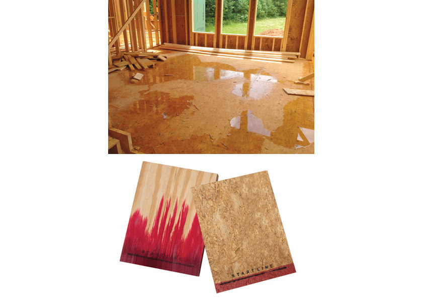 Subflooring will get wet during construction and cause problems along the edge. In the comparison shown above, a sample of high-performance engineered panels is on the right and a sample of plywood is on the left. Each board was soaked in one inch of water, colored with red food dye, for 3 hours. Results show progress through the 3-hour test. As seen above, the plywood soaked the water in simply from capillary action both on the exterior veneers as well as the inner layers. The high-performance panel showed no evidence of soaking water up the panel like the plywood sample did.