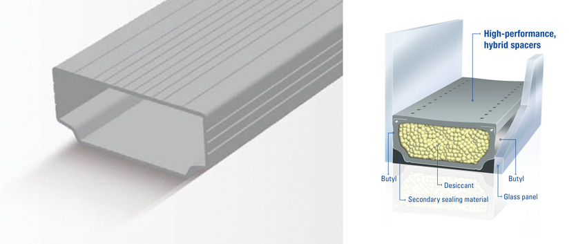 Traditional IGU spacers (left) do not prevent thermal bridging across the glass panes, thus creating “cold edges”. By contrast, high-performance, hybrid spacers (right) produce “warm edges” by creating an insulating thermal break between the panes of glass.