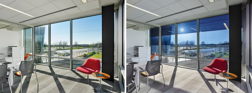 Electrochromic glass can change from clear (left) to become tinted in single or separate zones (four zones with different tint levels, three of which are within a single pane, shown on right) to suit changing daylight conditions.